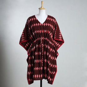 Maroon - Ikat Weave Cotton Kaftan with Tie-Up Waist (Medium)