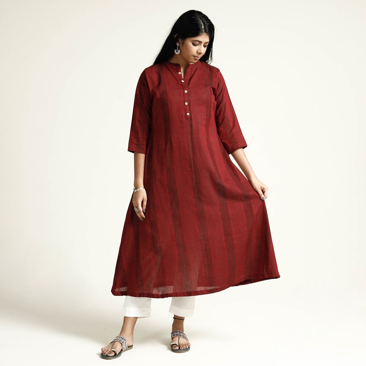 Maroon Jacquard Cotton Long Kurta