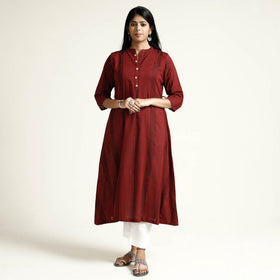 Maroon Jacquard Cotton Long Kurta