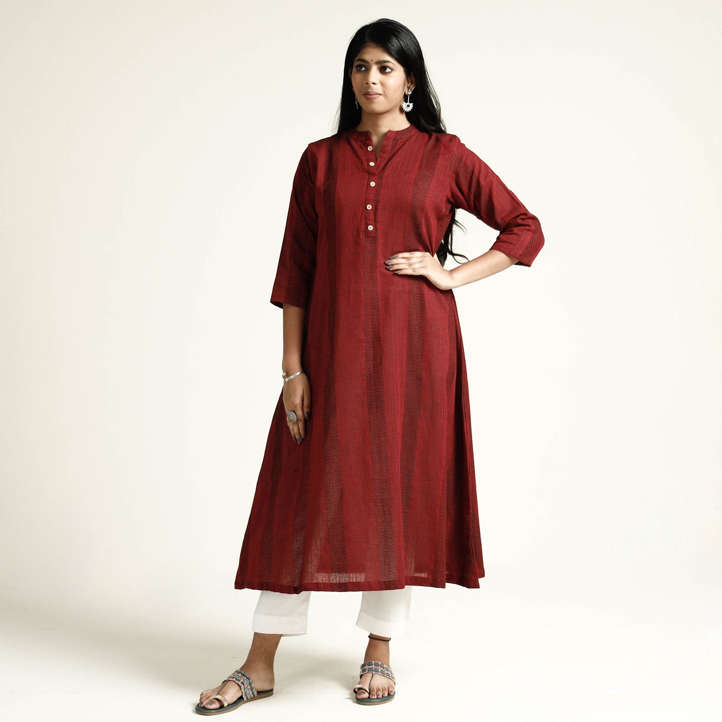 Maroon Jacquard Cotton Long Kurta