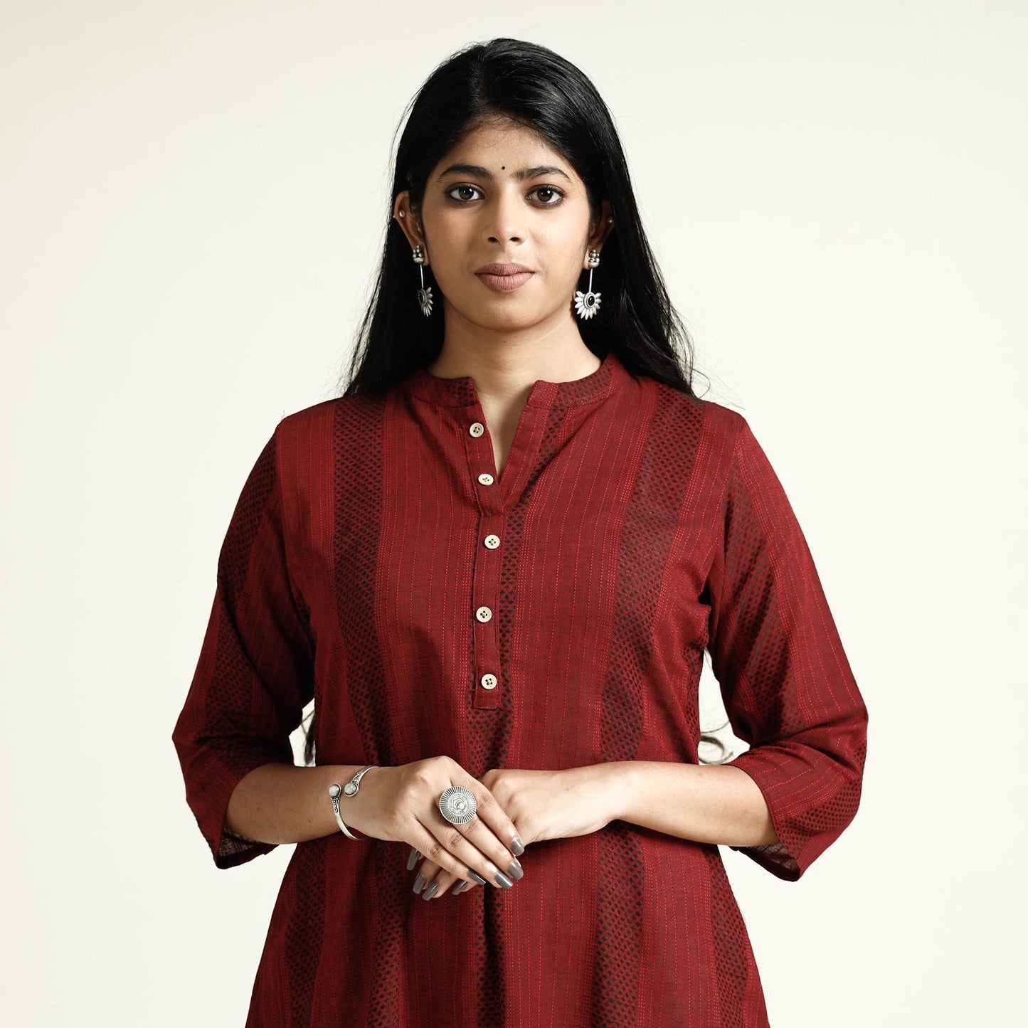 Maroon Jacquard Cotton Long Kurta