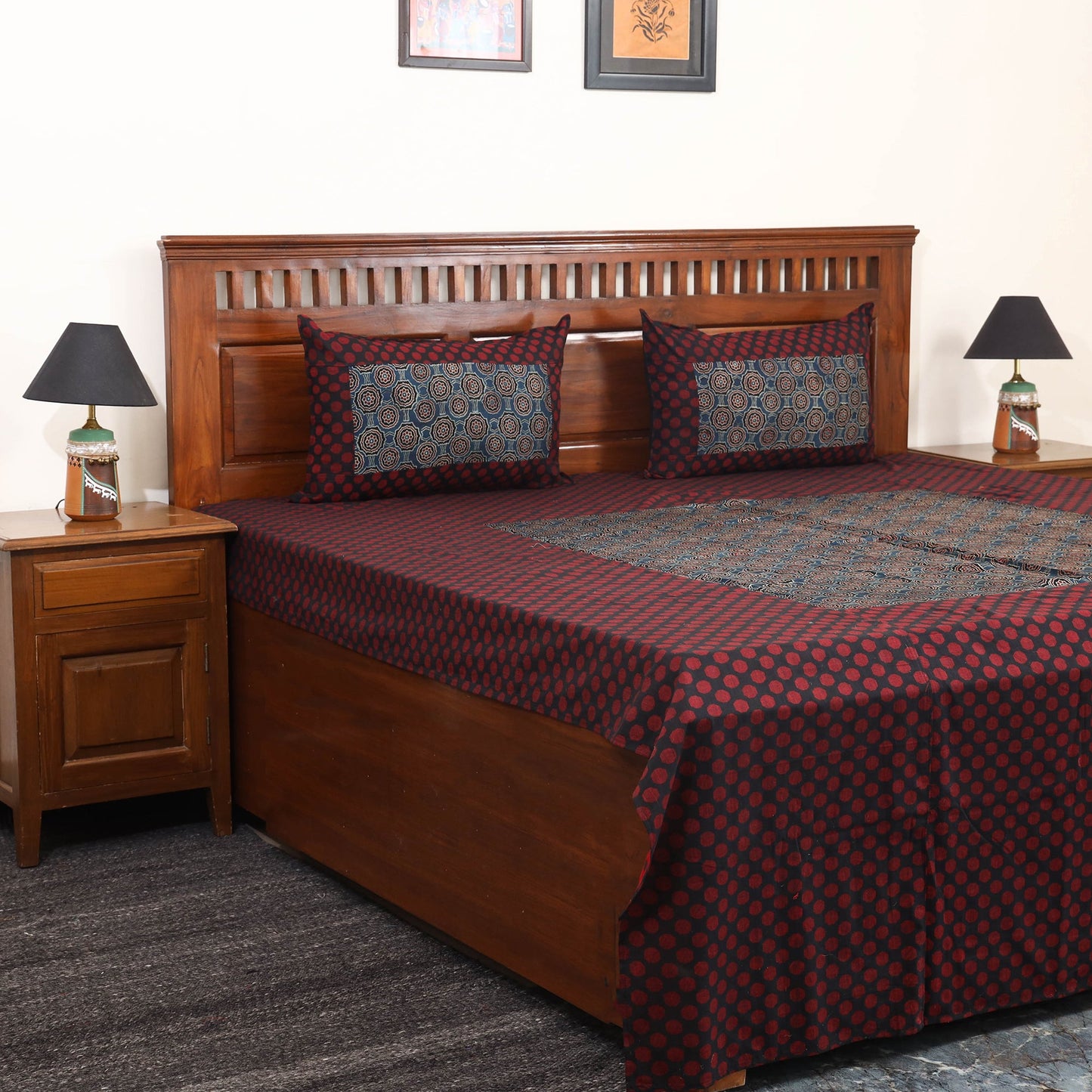 Maroon Jacquard with Ajrakh Modal Silk Patch Cotton Bedsheet Set