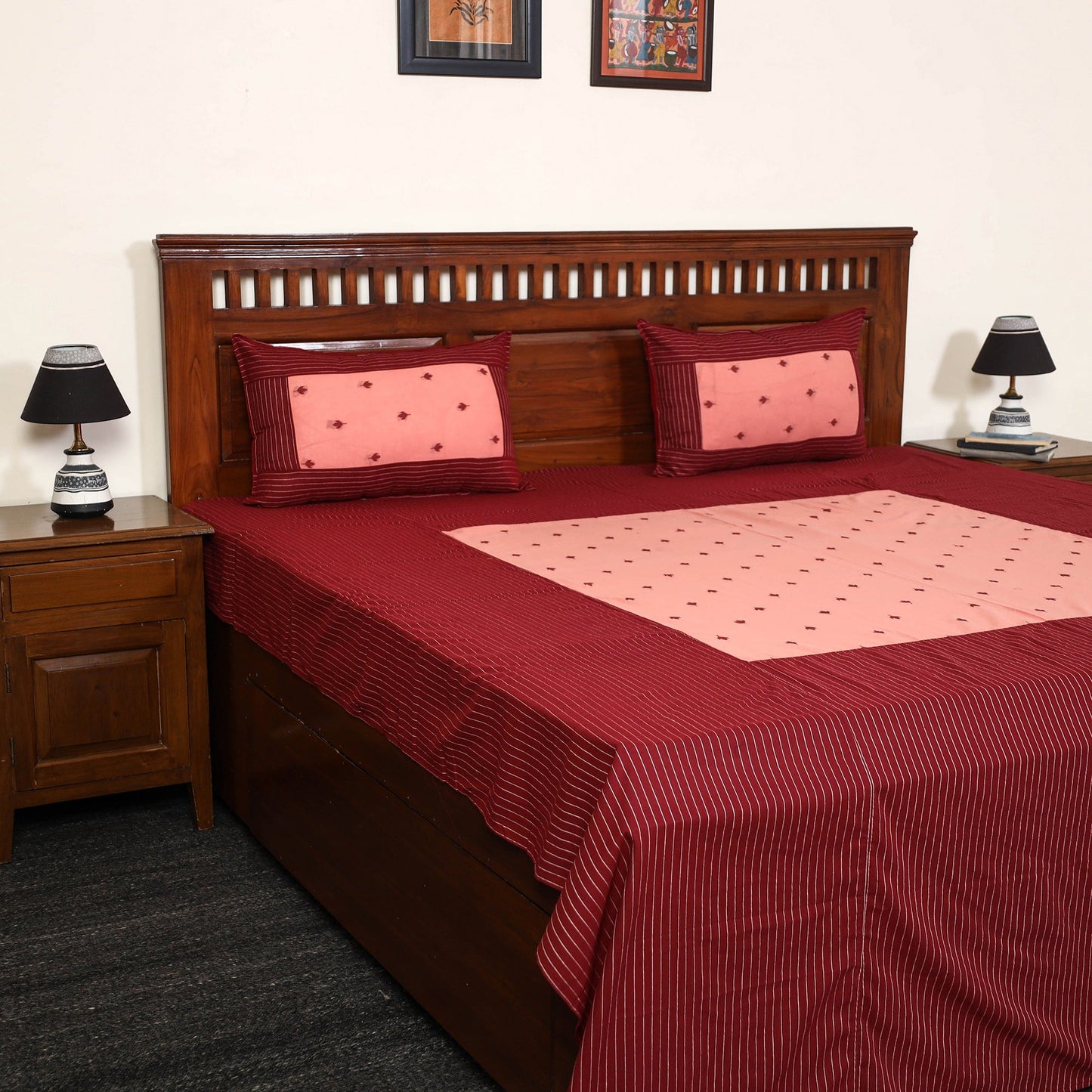 Maroon - jacquard patchwork cotton double bed cover