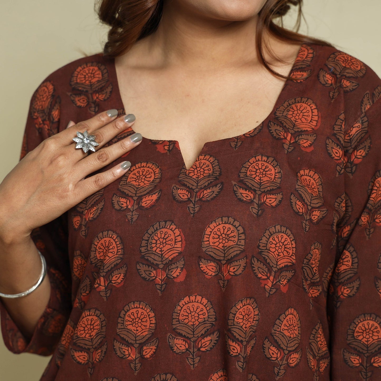 Maroon - jahota printed cotton straight kurta - handcrafted