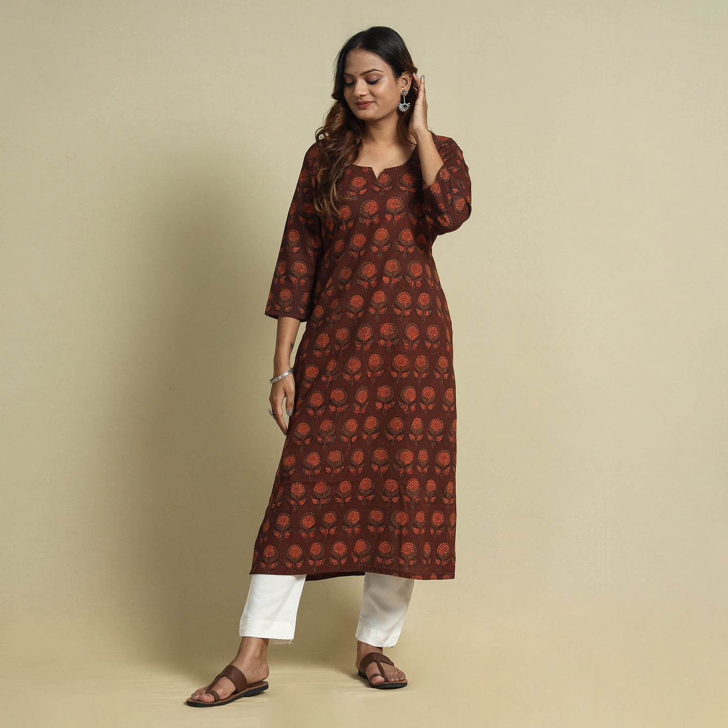 Maroon - jahota printed cotton straight kurta - handcrafted