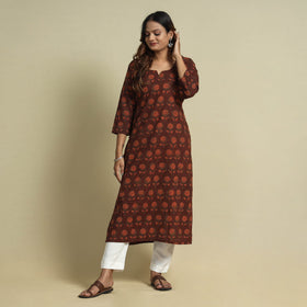Maroon - jahota printed cotton straight kurta - handcrafted