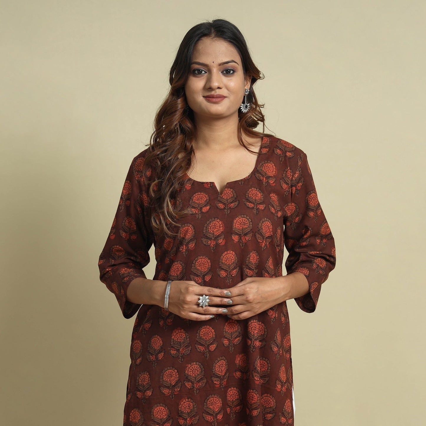 Maroon - jahota printed cotton straight kurta - handcrafted