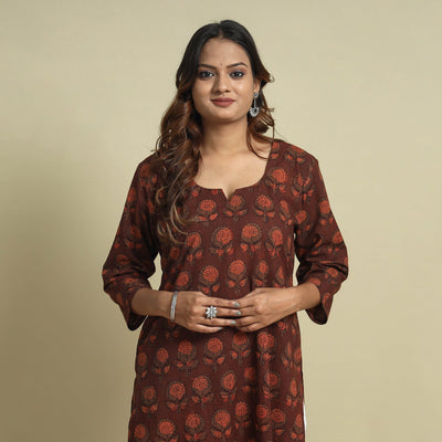 Maroon - jahota printed cotton straight kurta - handcrafted
