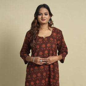 Maroon - jahota printed cotton straight kurta - handcrafted