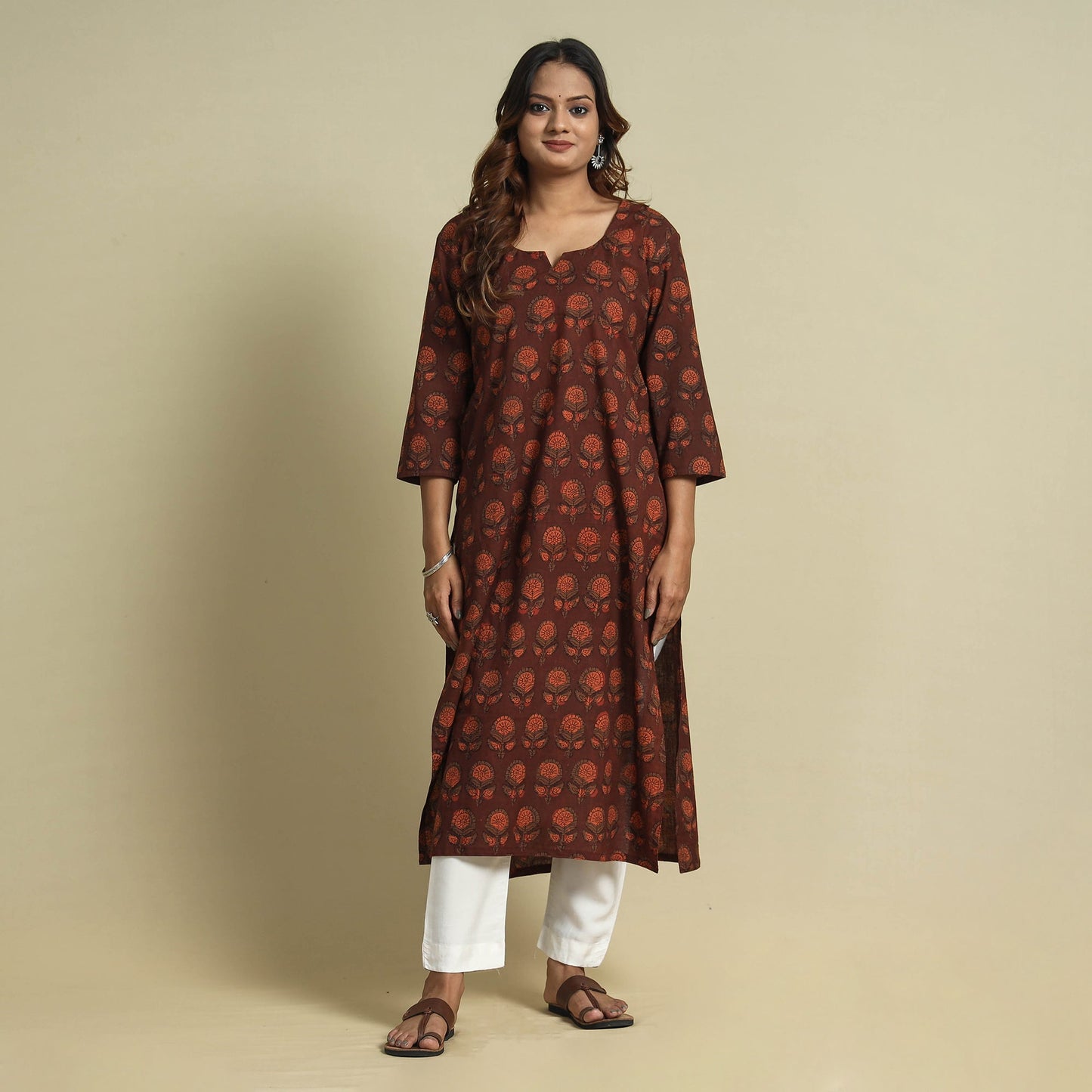 Maroon - jahota printed cotton straight kurta - handcrafted