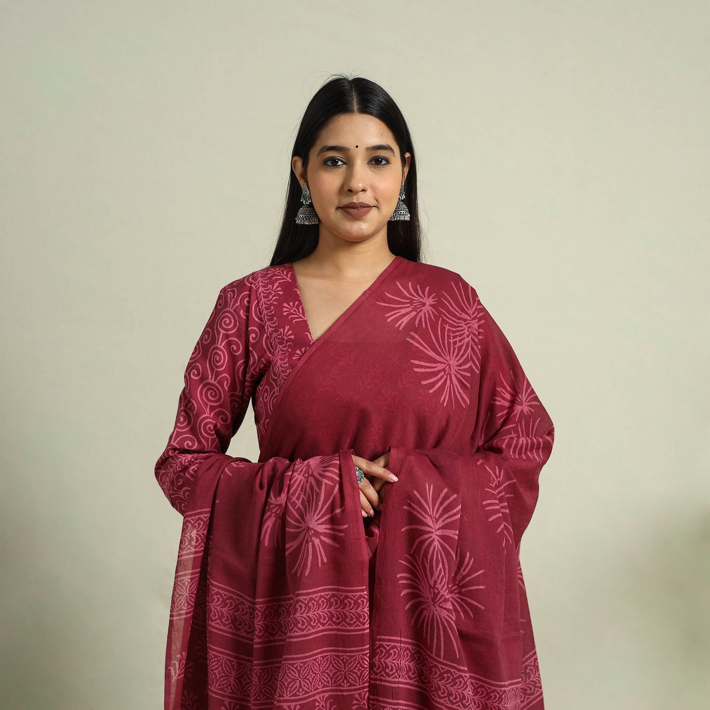  Maroon Jaipur Print Cotton Kurta Set