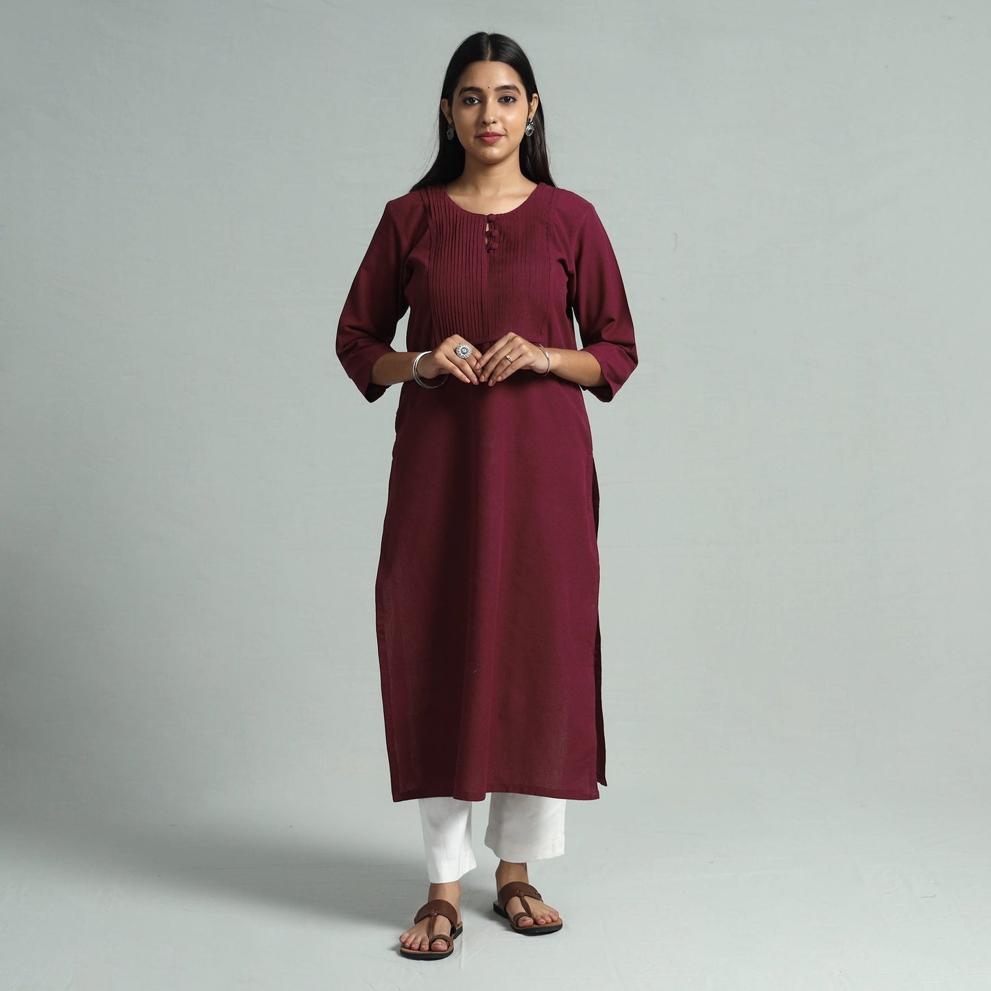 Maroon jhiri handloom cotton pintuck long kurta