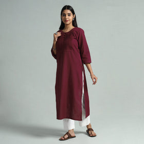 Maroon jhiri handloom cotton pintuck long kurta
