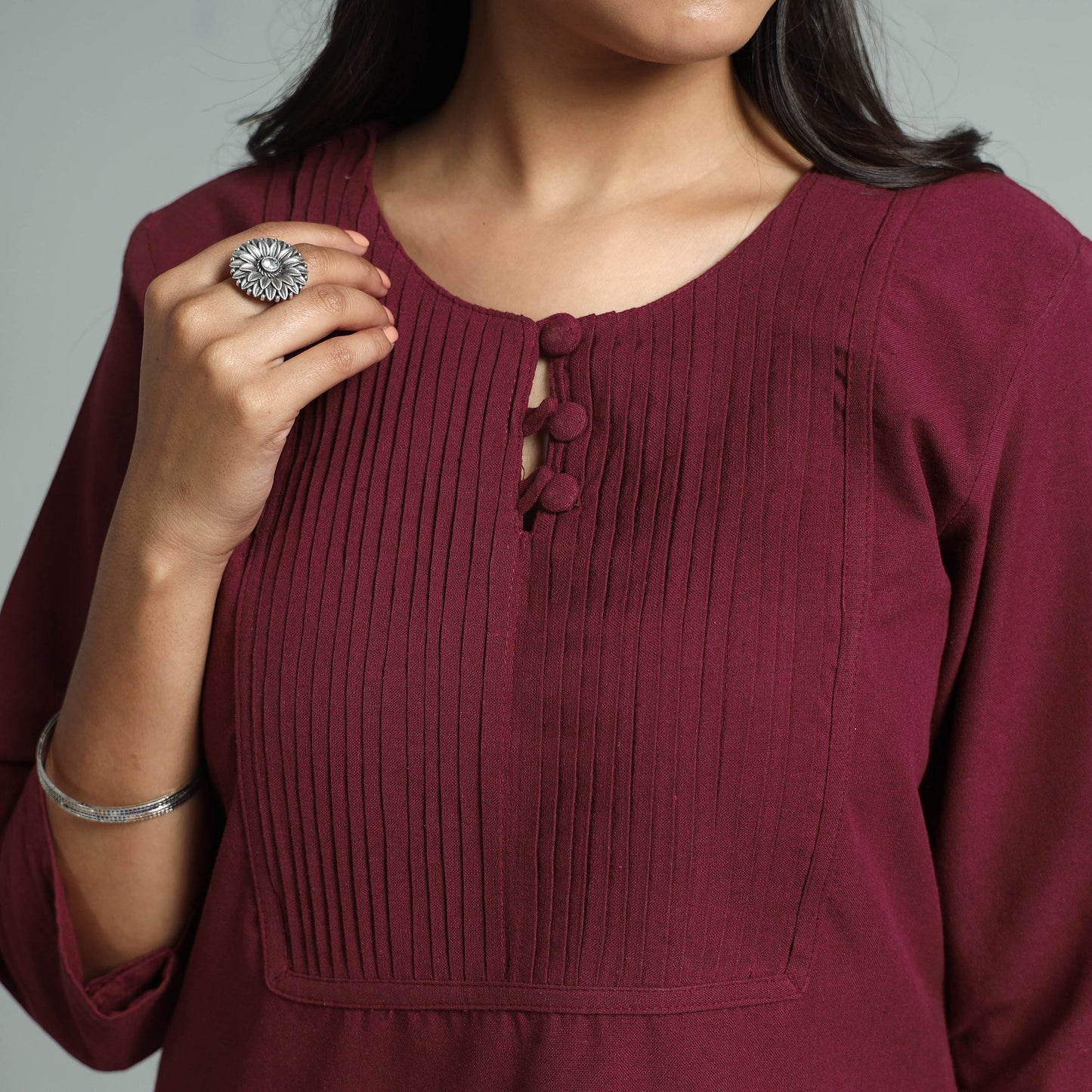 Maroon jhiri handloom cotton pintuck long kurta