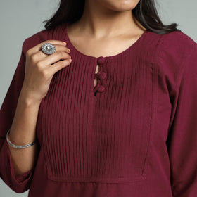 Maroon jhiri handloom cotton pintuck long kurta