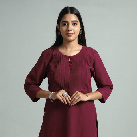Maroon jhiri handloom cotton pintuck long kurta