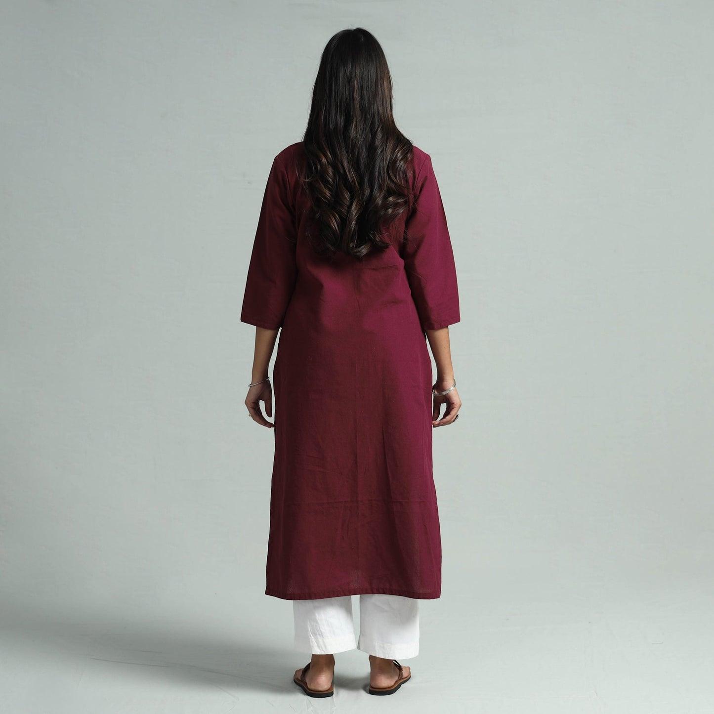 Maroon jhiri handloom cotton pintuck long kurta