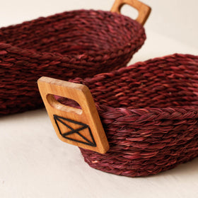 Maroon Kadam Haat Handmade Sabai Grass Bread Basket (Red - Set of 2) 