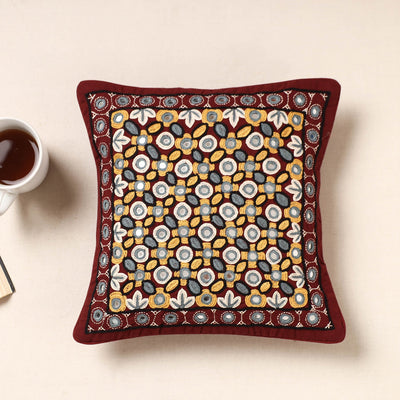 Maroon Kala Raksha Pakko Hand Embroidery Cotton Cushion Cover