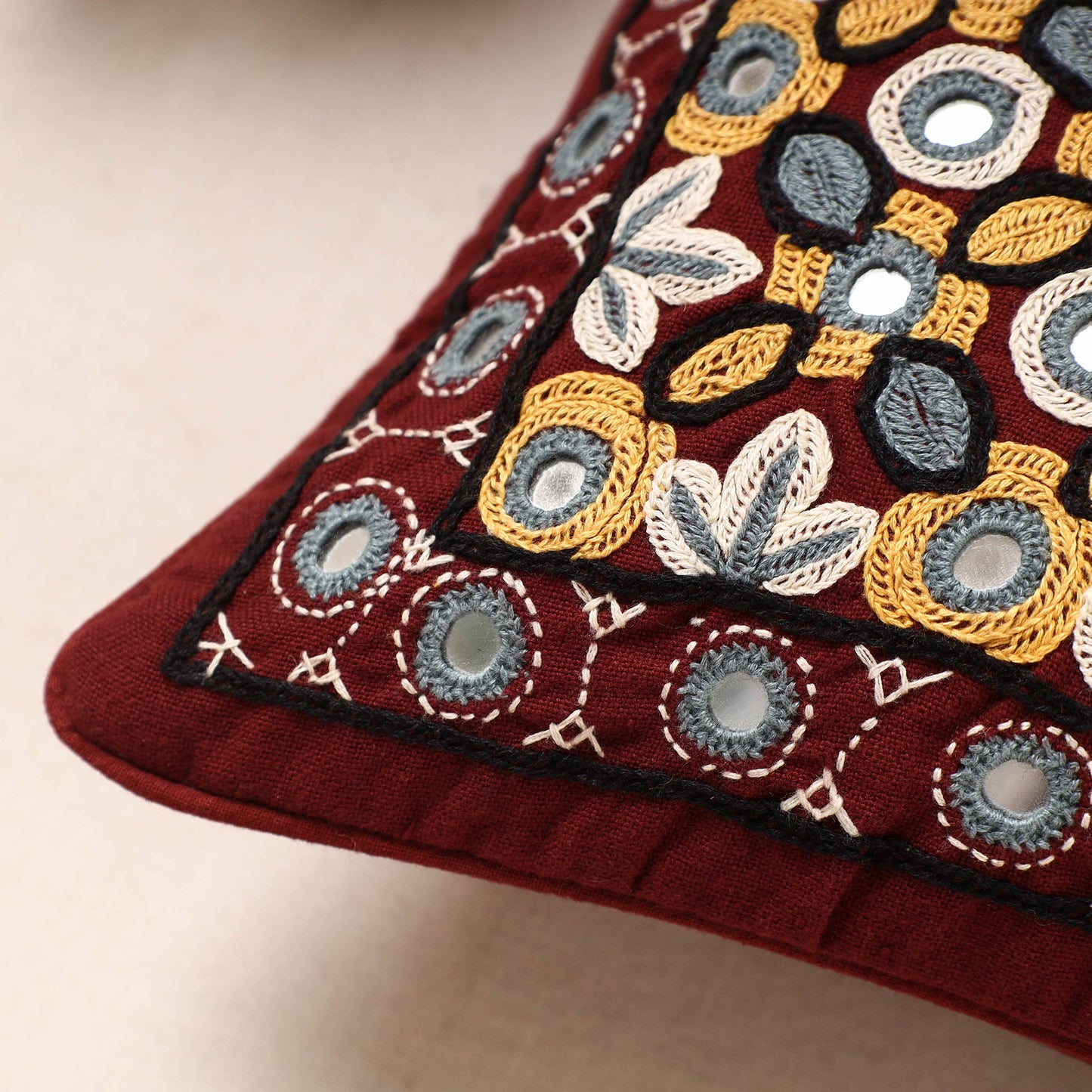 Maroon Kala Raksha Pakko Hand Embroidery Cotton Cushion Cover