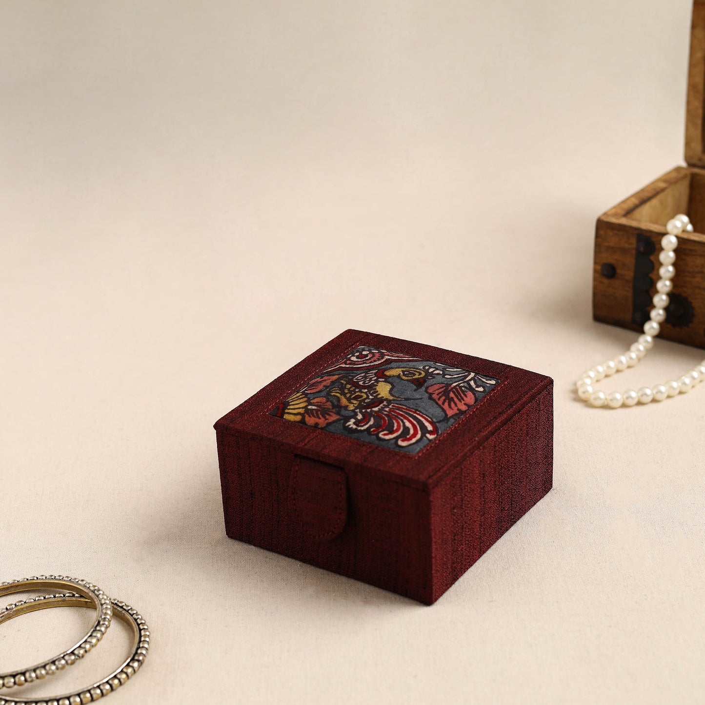 Maroon Kalamkari Handpainted Ghicha Silk Bangle Box (Small)