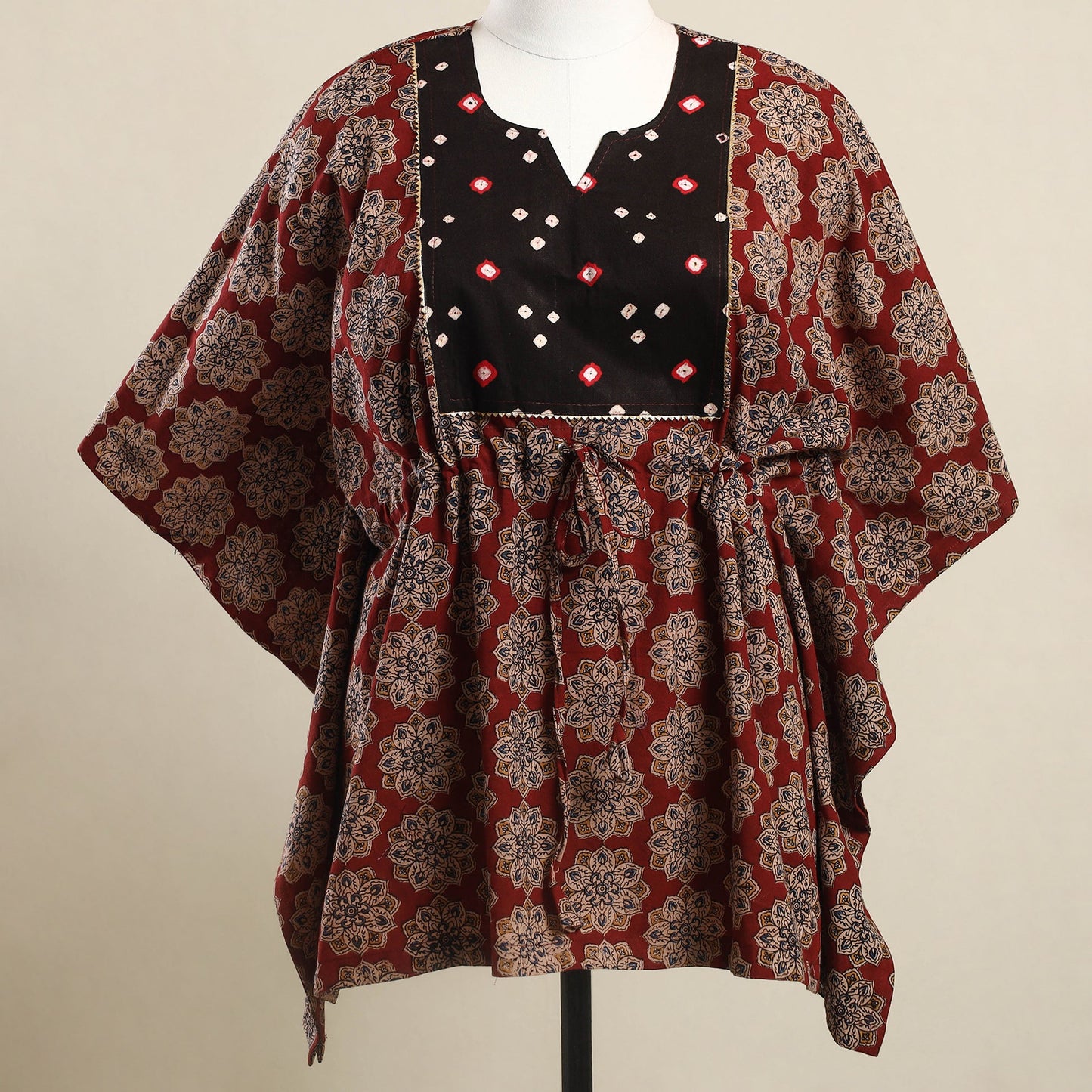 Buy Maroon Kalamkari Mosaic Fusion Cotton Kaftan