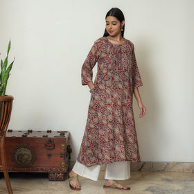Kalamkari Block Print Mul Cotton Pintuck A-Line Kurta For Women