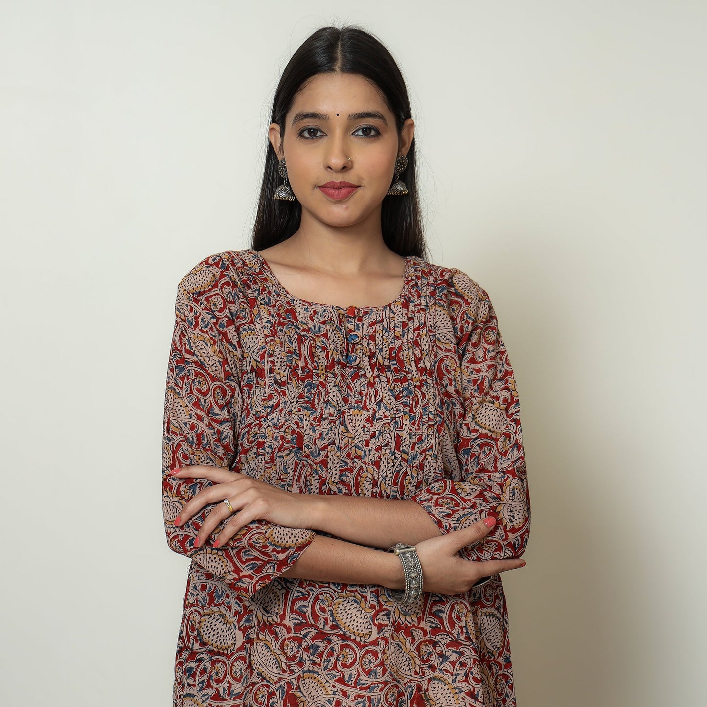 Kalamkari Block Print Mul Cotton Pintuck A-Line Kurta For Women