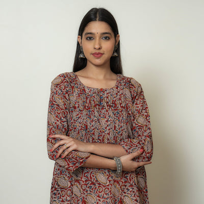 Kalamkari Block Print Mul Cotton Pintuck A-Line Kurta For Women