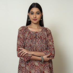Kalamkari Block Print Mul Cotton Pintuck A-Line Kurta For Women