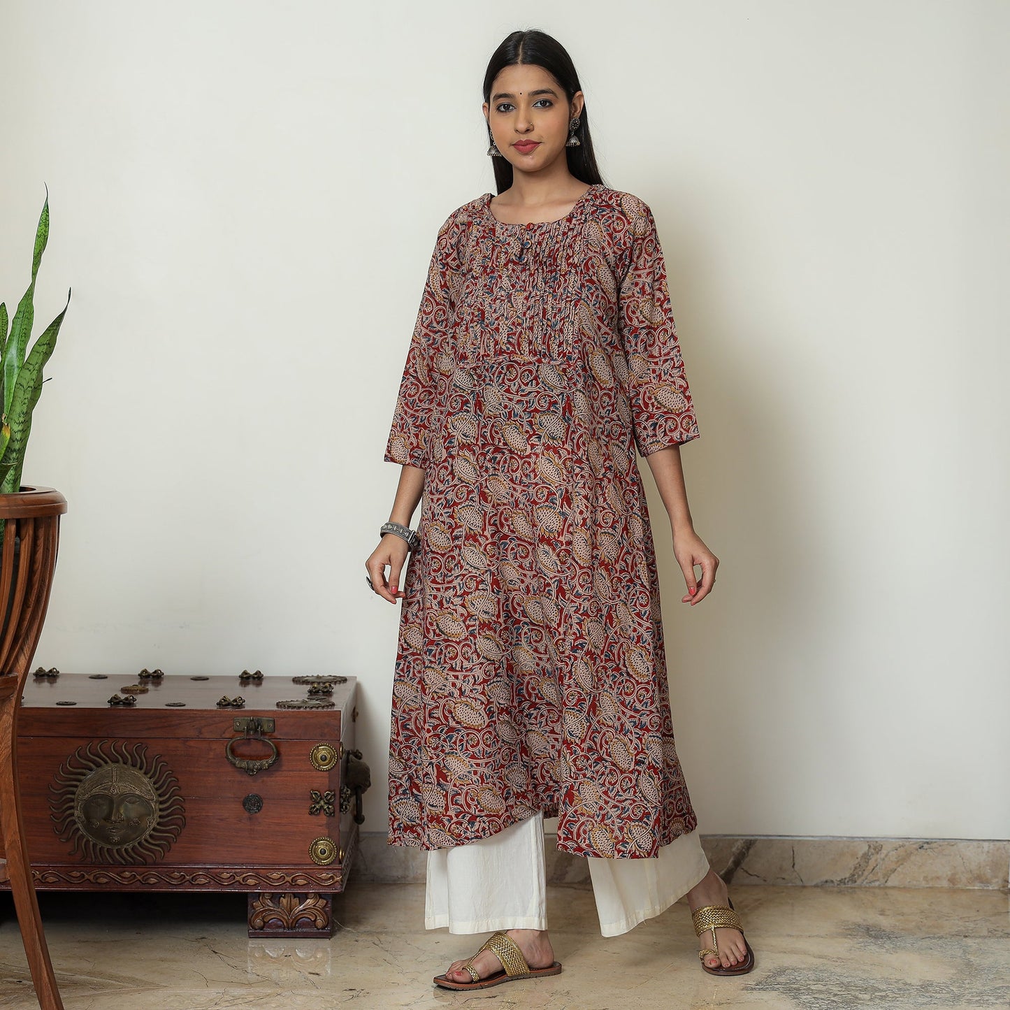 Kalamkari Block Print Mul Cotton Pintuck A-Line Kurta For Women