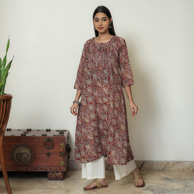 Kalamkari Block Print Mul Cotton Pintuck A-Line Kurta For Women