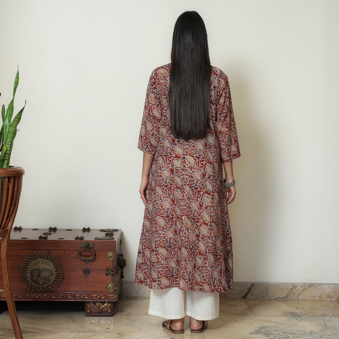 Kalamkari Block Print Mul Cotton Pintuck A-Line Kurta For Women