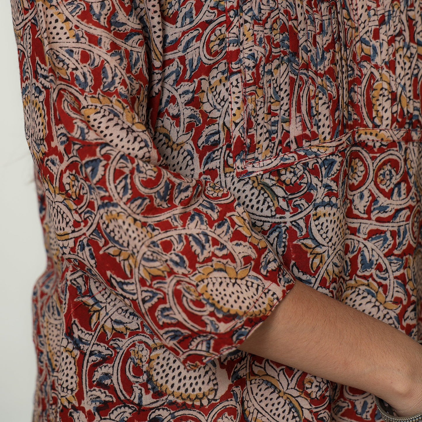 Kalamkari Block Print Mul Cotton Pintuck A-Line Kurta For Women