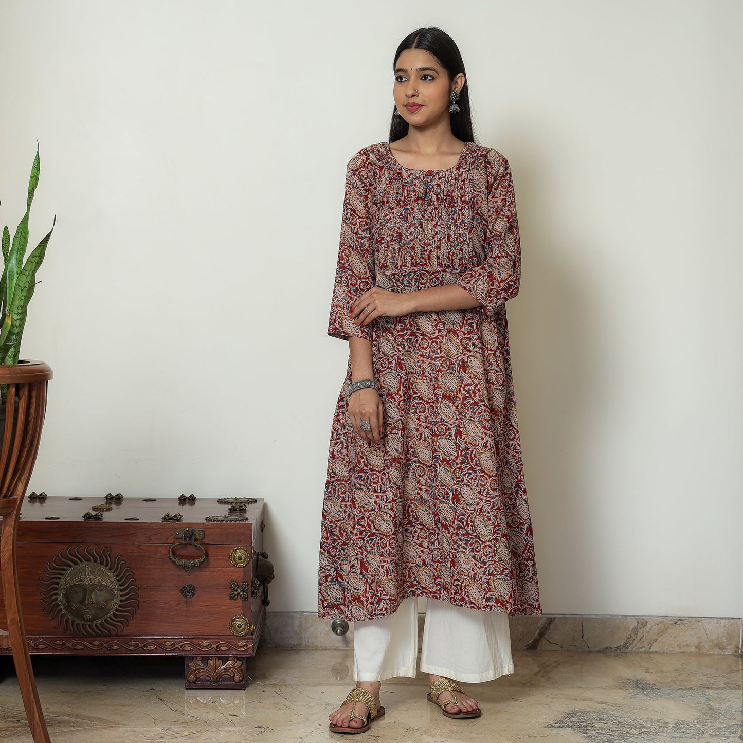 Kalamkari Block Print Mul Cotton Pintuck A-Line Kurta For Women