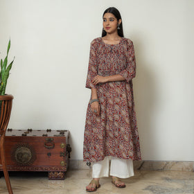 Kalamkari Block Print Mul Cotton Pintuck A-Line Kurta For Women