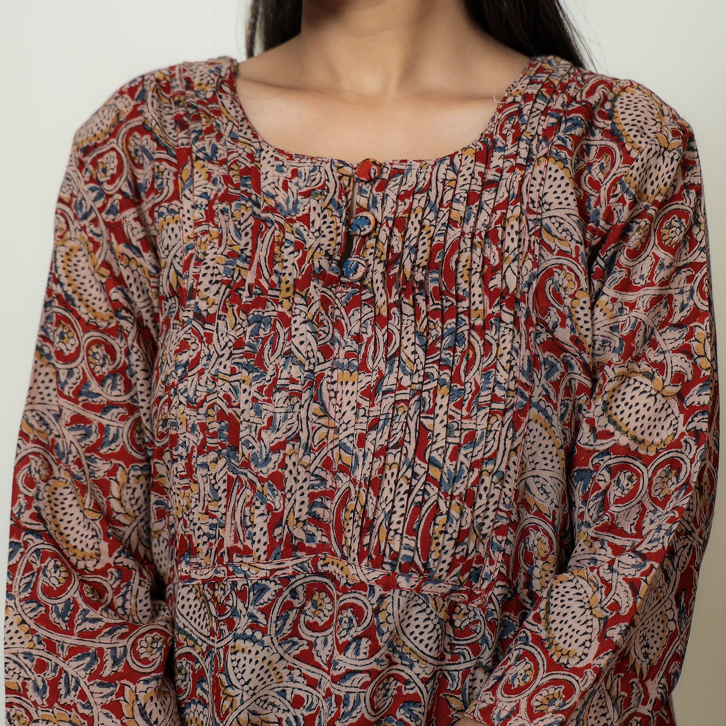 Kalamkari Block Print Mul Cotton Pintuck A-Line Kurta For Women