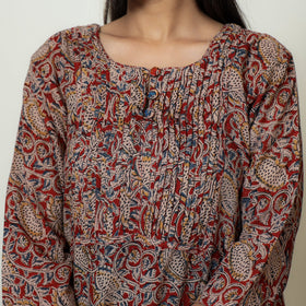 Kalamkari Block Print Mul Cotton Pintuck A-Line Kurta For Women