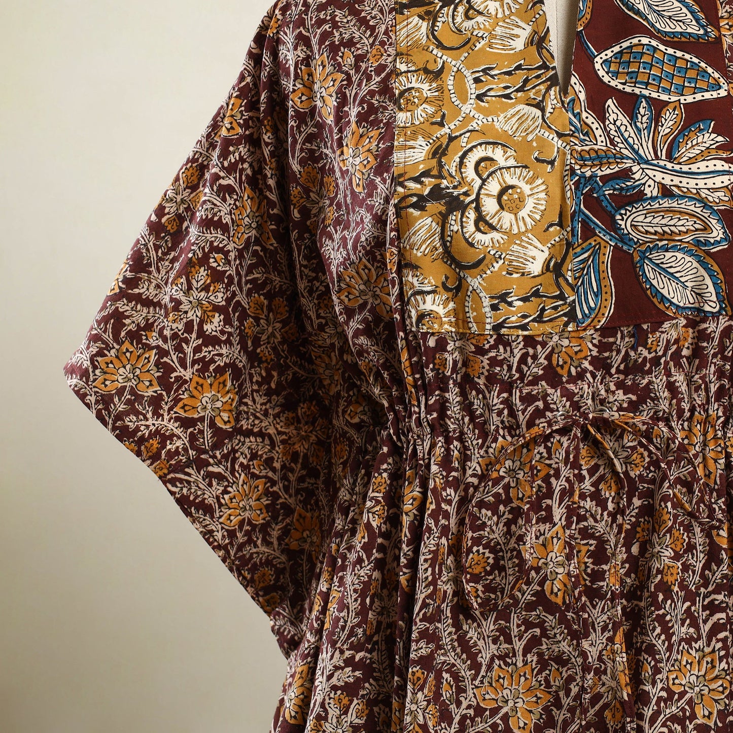 Buy Maroon Kalamkari Block Print Patchwork Cotton Kaftan