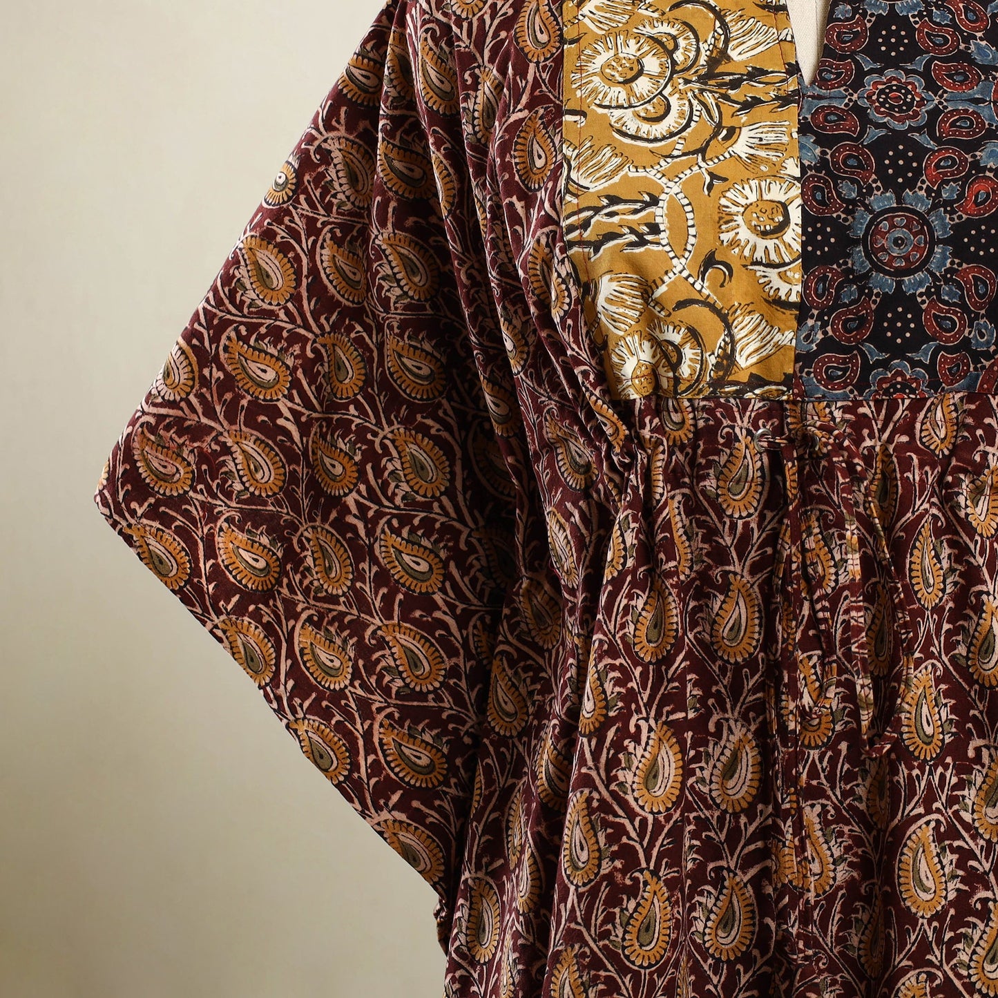 Buy Maroon Kalamkari Block Print Patchwork Cotton Kaftan