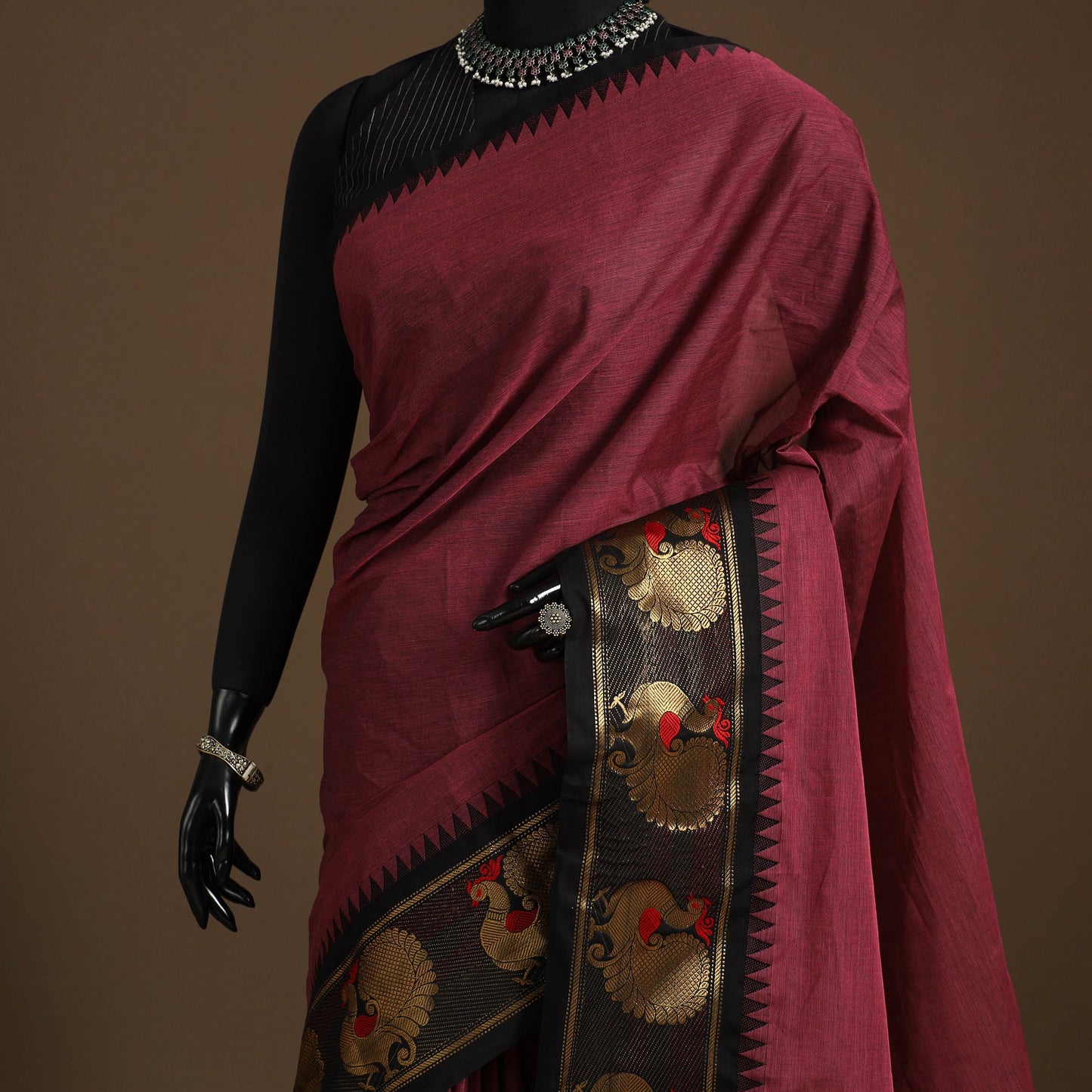 Maroon Kandangi Chettinad Cotton Saree with Border