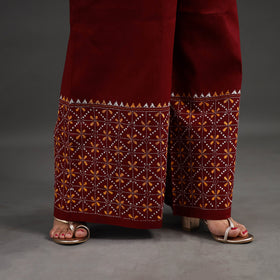 Buy Maroon Kantha Hand Embroidery Palazzo in Cotton
