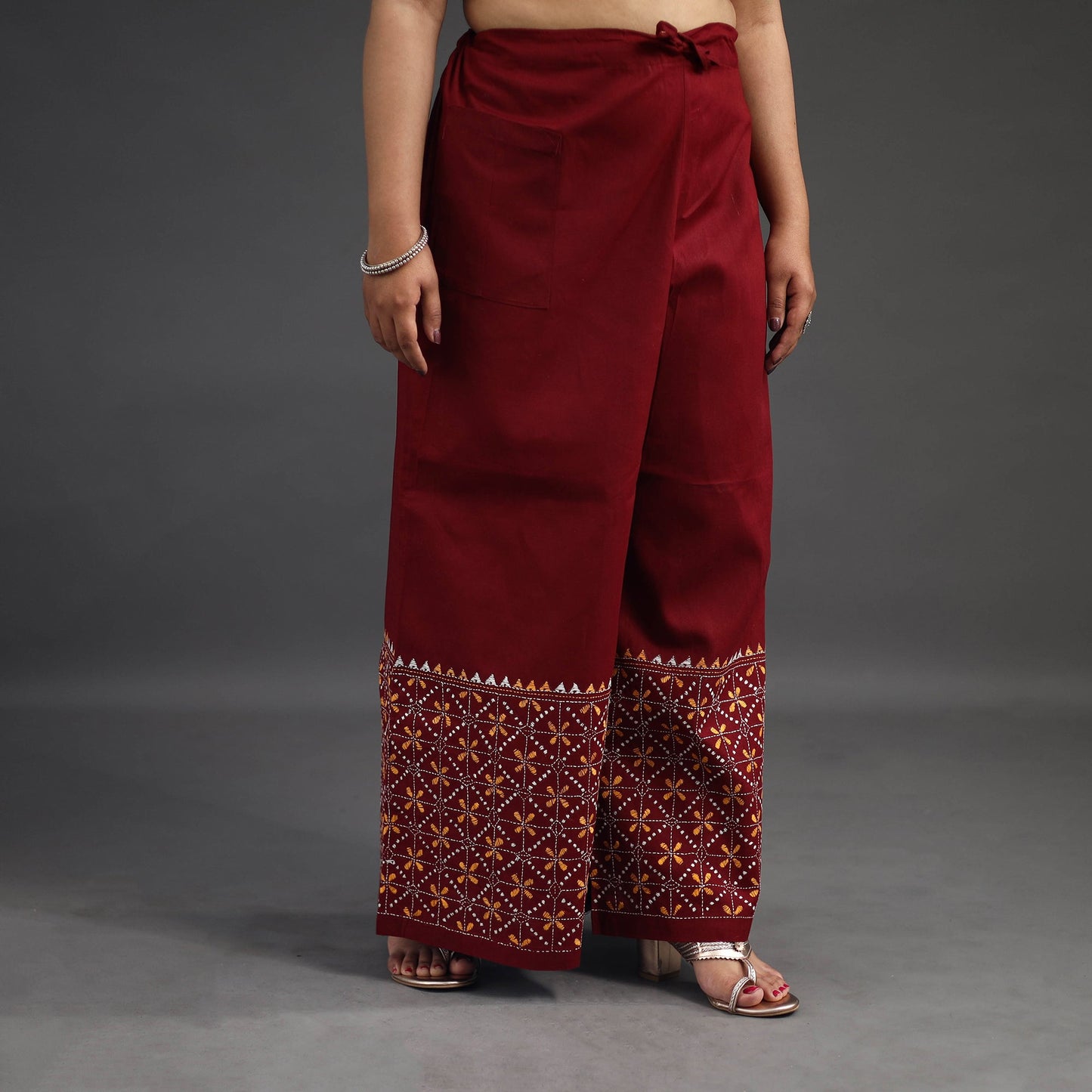 Buy Maroon Kantha Hand Embroidery Palazzo in Cotton