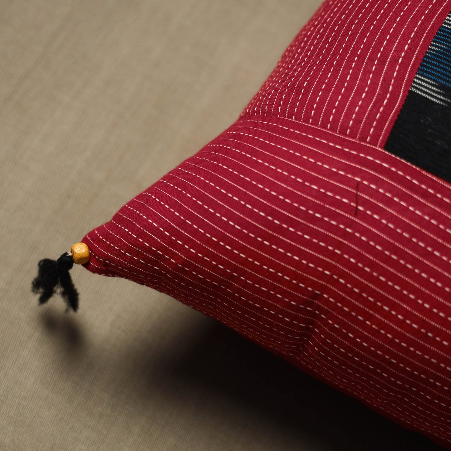 Maroon Kantha Stitch Ikat Cotton Cushion Cover (16 x 16 in) 02