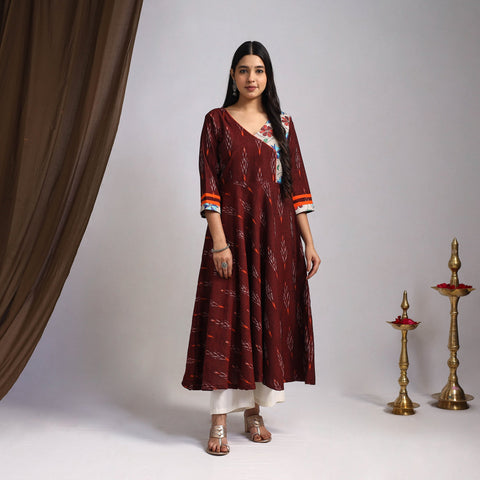 Maroon Karigari Heritage Patchwork Cotton A-Line Ikat Kurta for Women