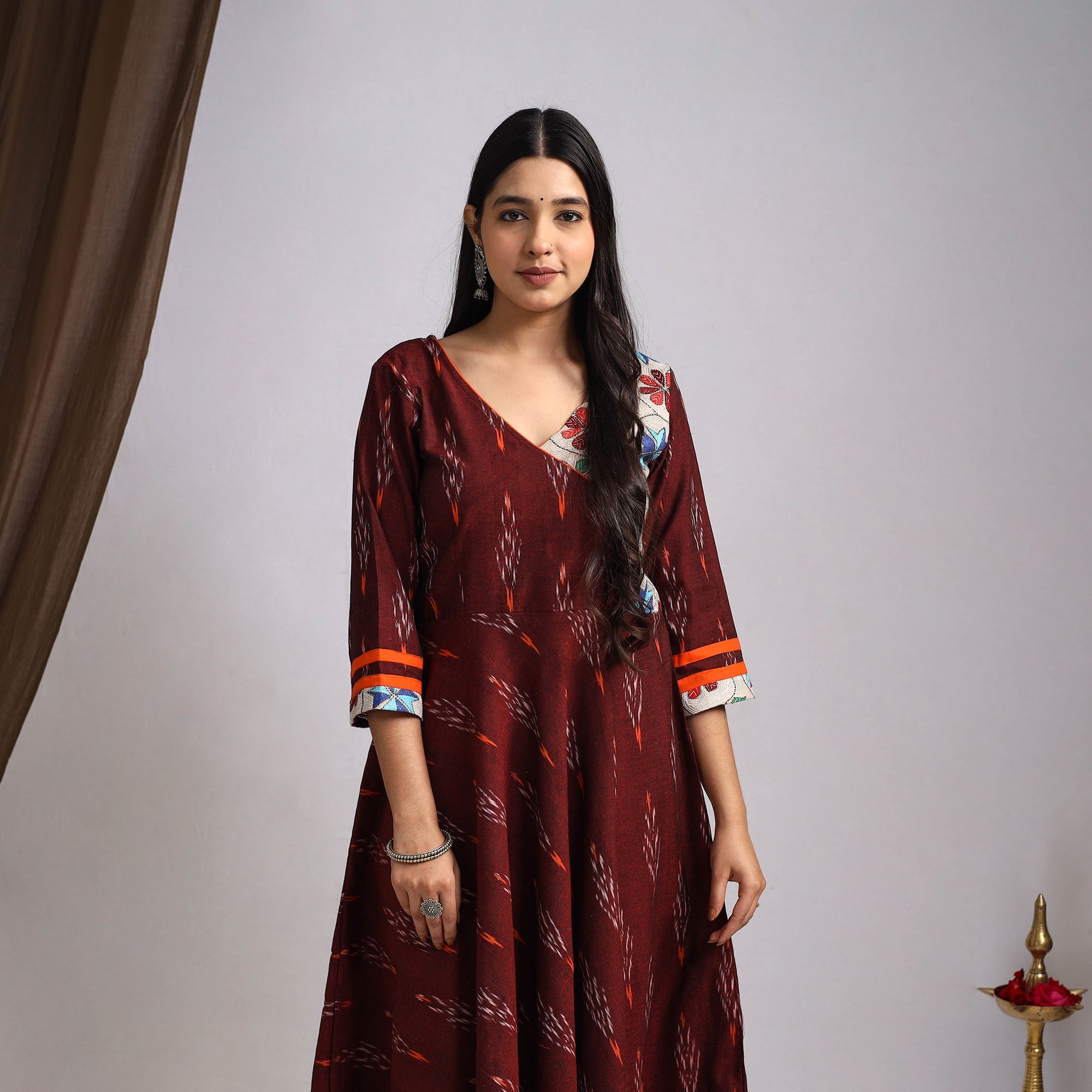 Maroon Karigari Heritage Patchwork Cotton A-Line Ikat Kurta for Women