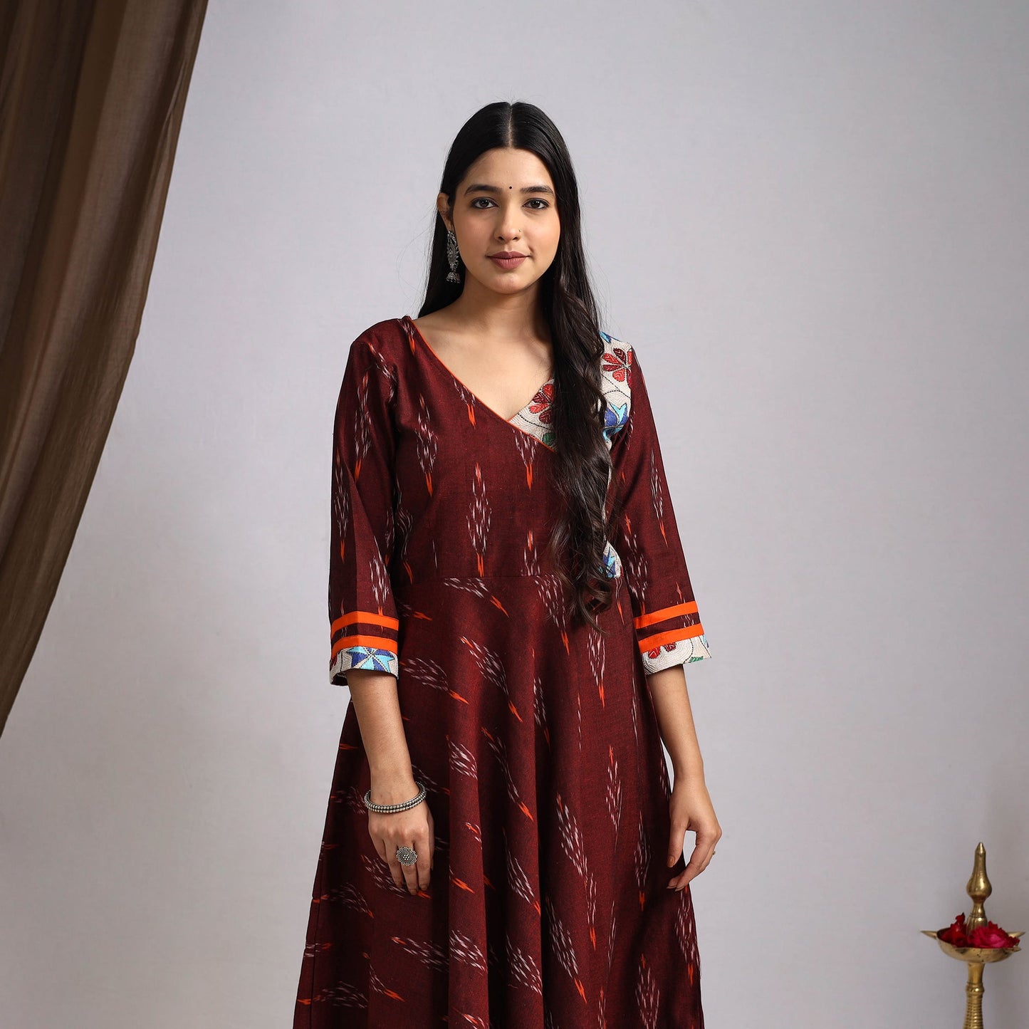 Maroon Karigari Heritage Patchwork Cotton A-Line Ikat Kurta for Women