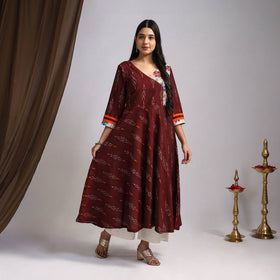 Maroon Karigari Heritage Patchwork Cotton A-Line Ikat Kurta for Women