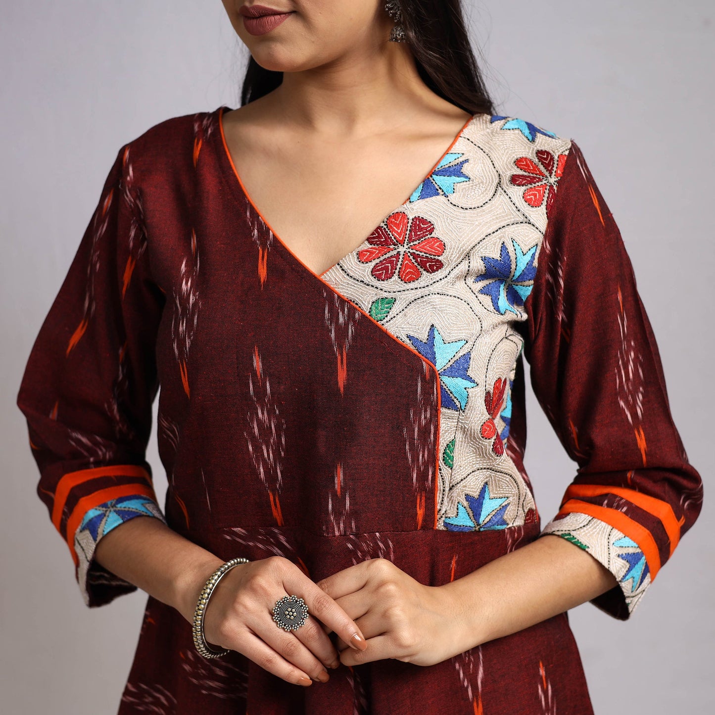 Maroon Karigari Heritage Patchwork Cotton A-Line Ikat Kurta for Women