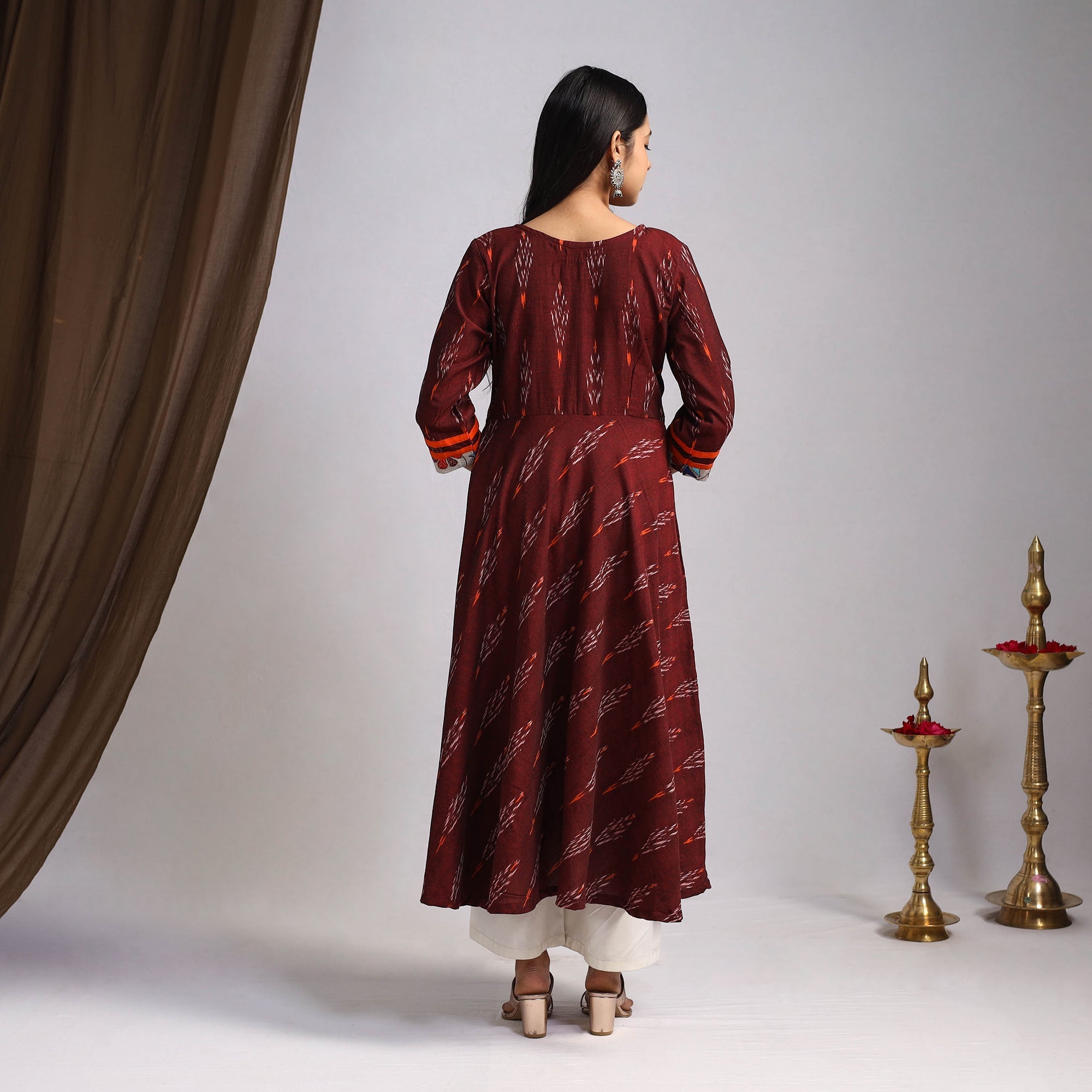 Maroon Karigari Heritage Patchwork Cotton A-Line Ikat Kurta for Women